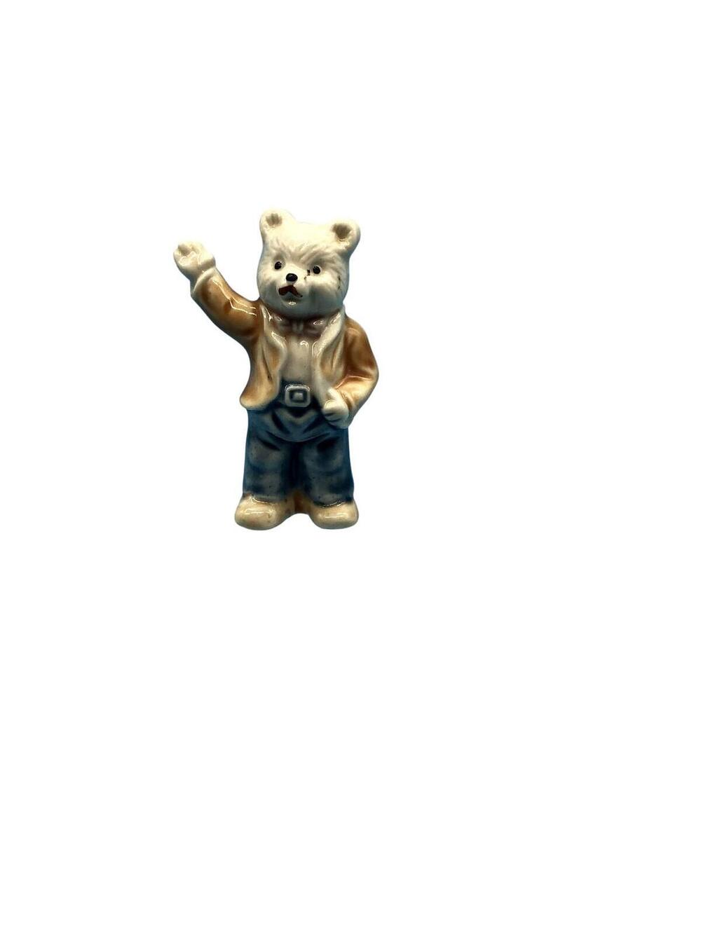 Unmarked Bear Figurine Small Standing Porcelain Waving Jacket Blue Pants Decor